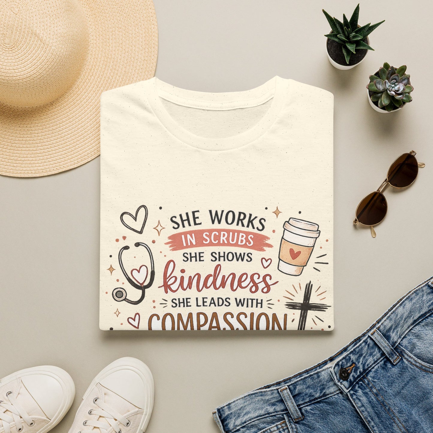 Nurse Faith T-Shirt – "She Works in Scrubs…Leads with Compassion" Inspirational Tee