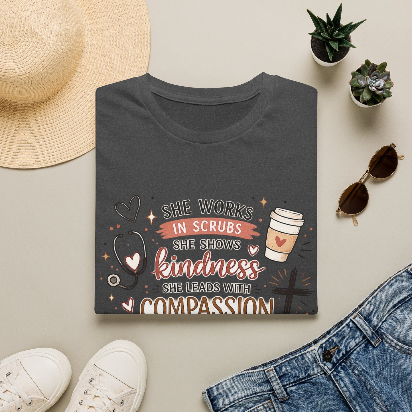 Nurse Faith T-Shirt – "She Works in Scrubs…Leads with Compassion" Inspirational Tee