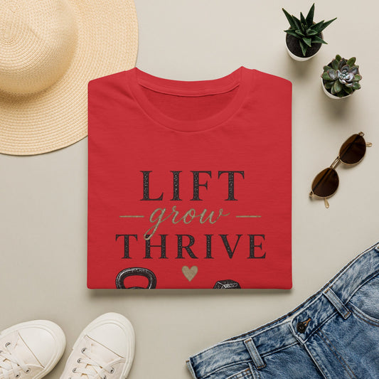 Lift Grow Thrive Tee — Inspirational Fitness T-Shirt with Kettlebell & Weights Design