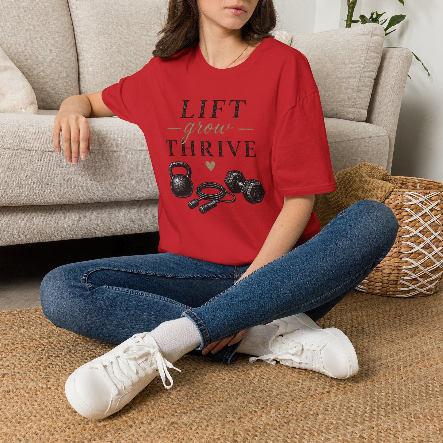 Lift Grow Thrive Tee — Inspirational Fitness T-Shirt with Kettlebell & Weights Design