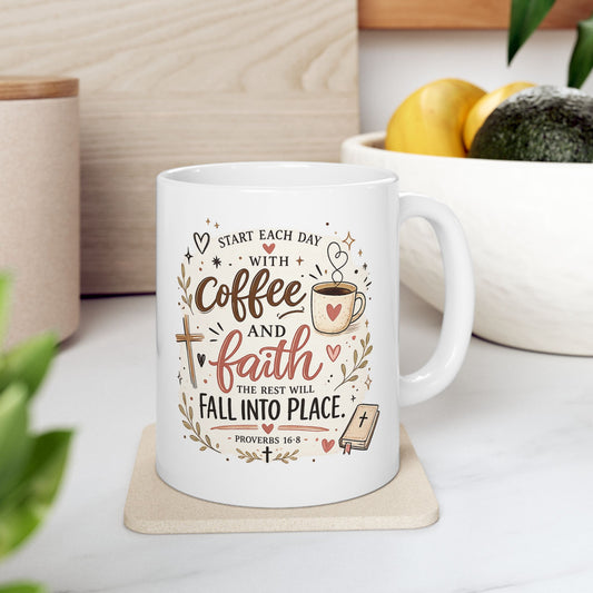 Coffee, Faith & Fall Ceramic Mug — Christian Autumn Coffee Cup (11oz/15oz)