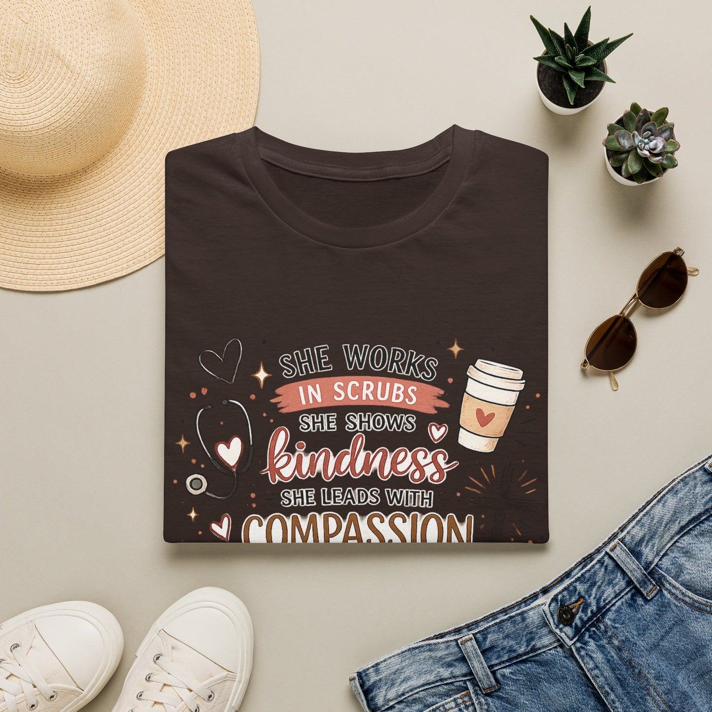 Nurse Faith T-Shirt – "She Works in Scrubs…Leads with Compassion" Inspirational Tee