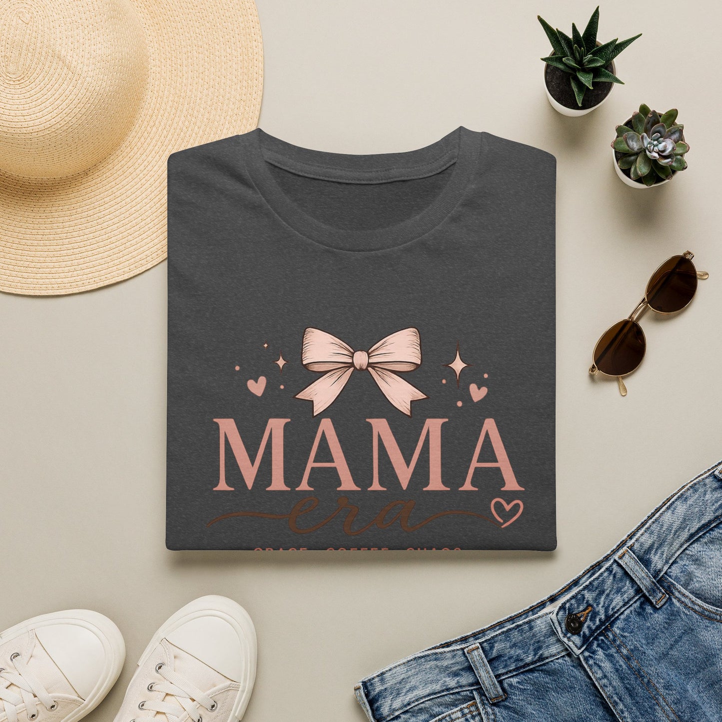Mama Era T-Shirt — Pink Bow & Heart Graphic Tee for New Moms