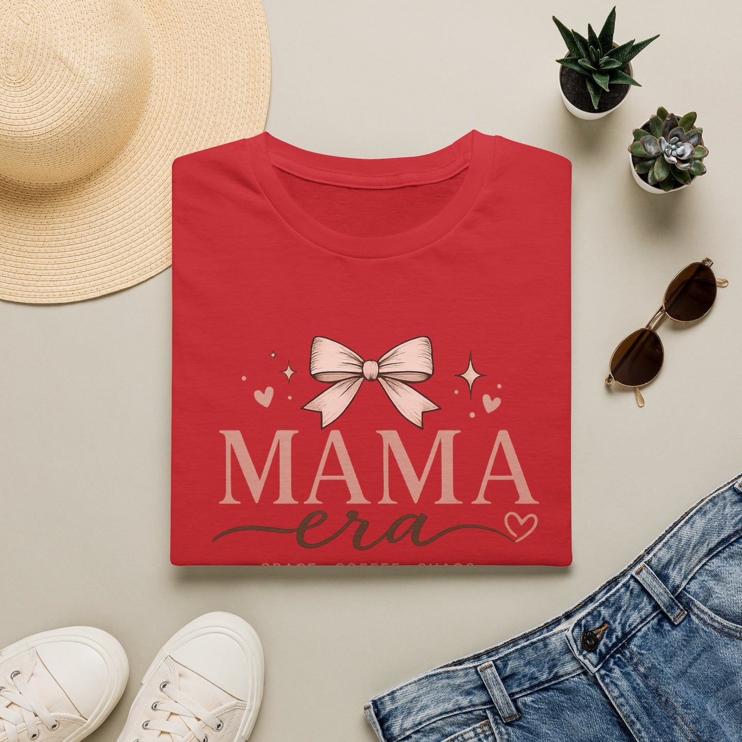 Mama Era T-Shirt — Pink Bow & Heart Graphic Tee for New Moms