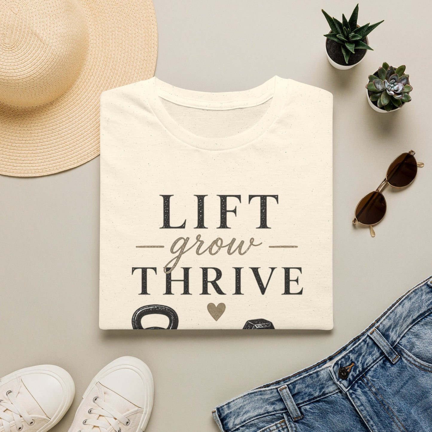 Lift Grow Thrive Tee — Inspirational Fitness T-Shirt with Kettlebell & Weights Design