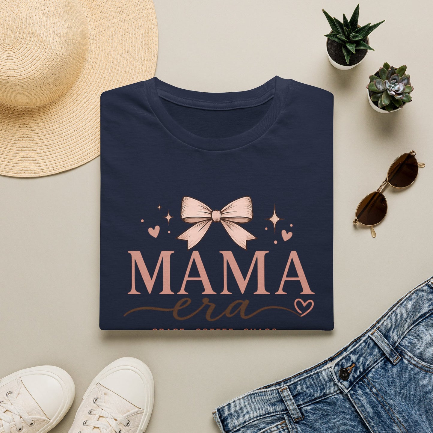 Mama Era T-Shirt — Pink Bow & Heart Graphic Tee for New Moms