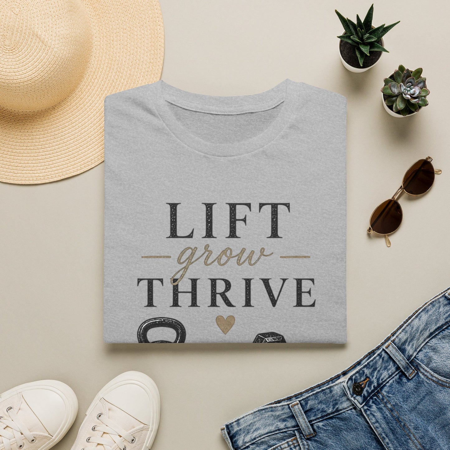 Lift Grow Thrive Tee — Inspirational Fitness T-Shirt with Kettlebell & Weights Design