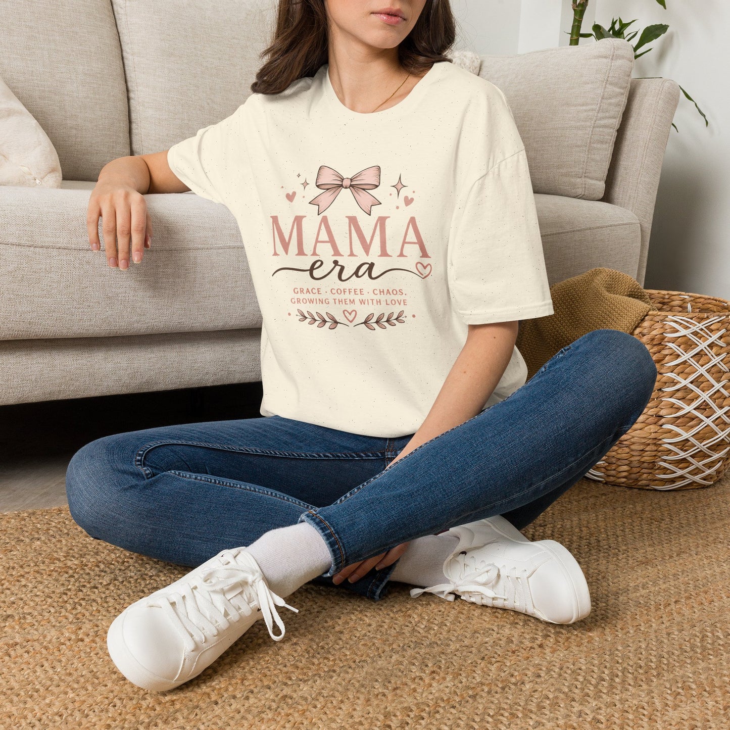 Mama Era T-Shirt — Pink Bow & Heart Graphic Tee for New Moms