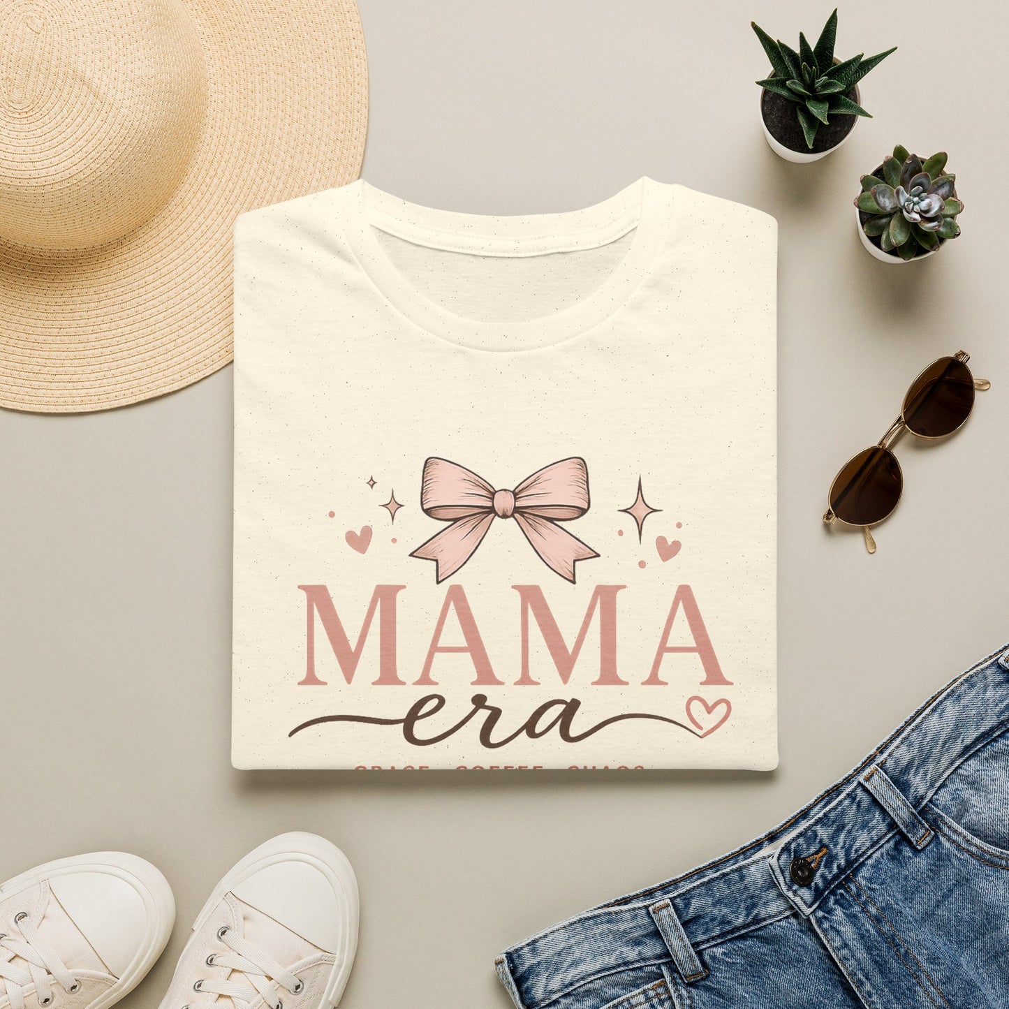 Mama Era T-Shirt — Pink Bow & Heart Graphic Tee for New Moms