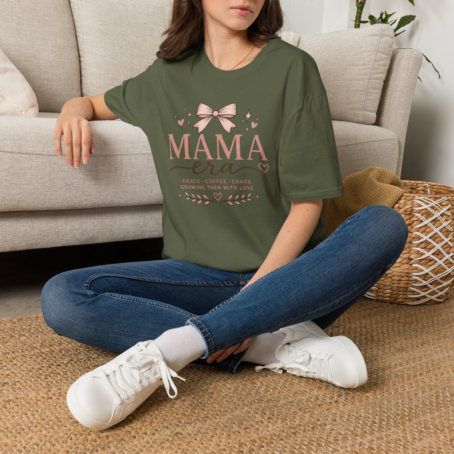 Mama Era T-Shirt — Pink Bow & Heart Graphic Tee for New Moms