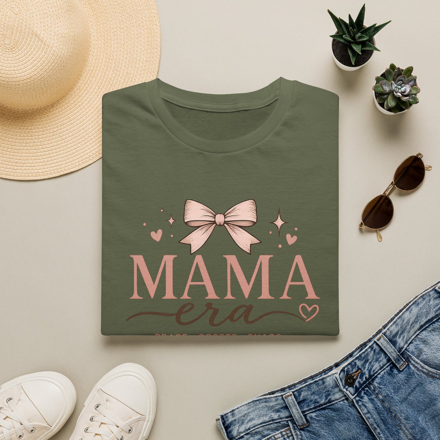 Mama Era T-Shirt — Pink Bow & Heart Graphic Tee for New Moms