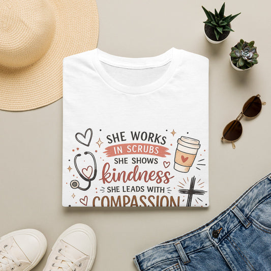 Nurse Faith T-Shirt – "She Works in Scrubs…Leads with Compassion" Inspirational Tee