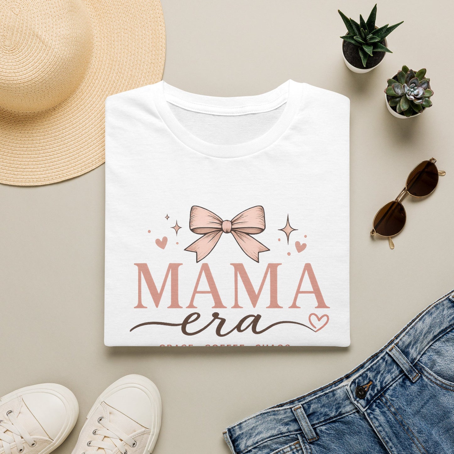 Mama Era T-Shirt — Pink Bow & Heart Graphic Tee for New Moms