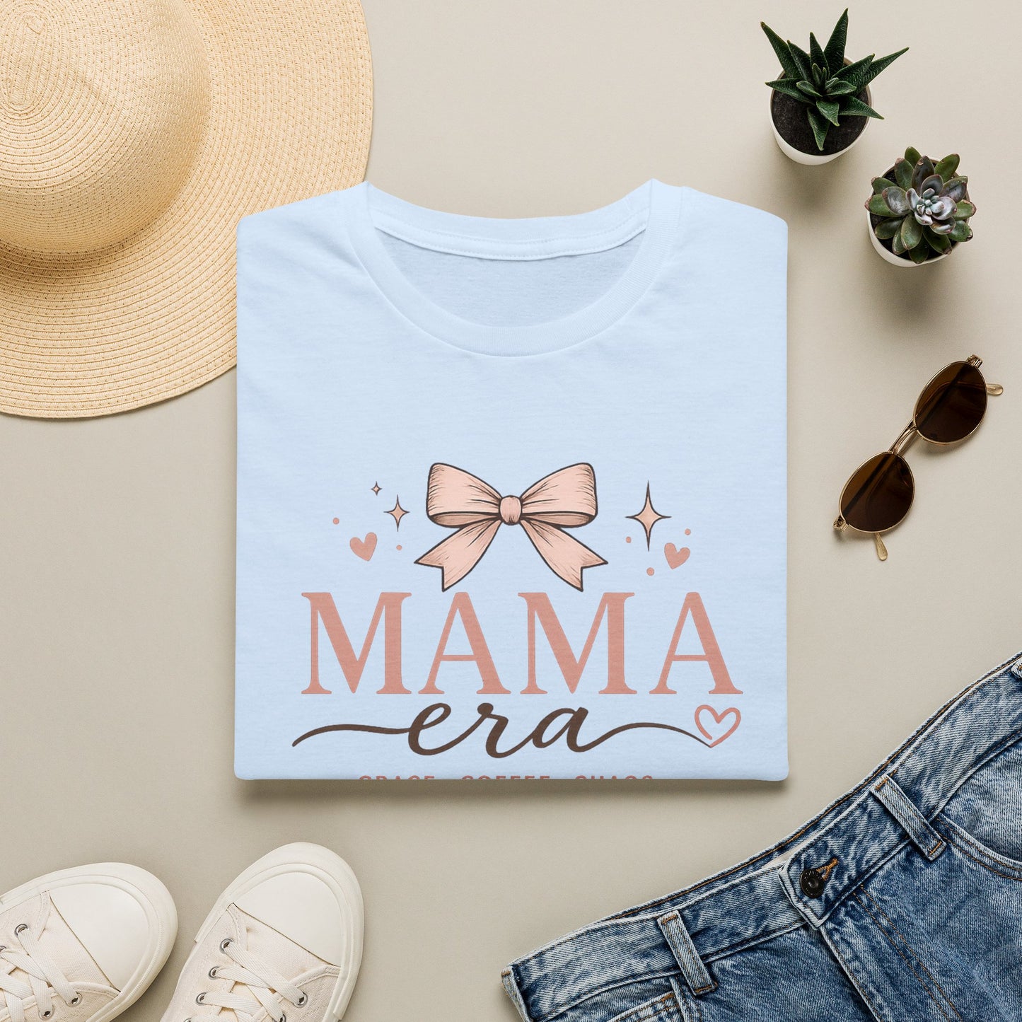 Mama Era T-Shirt — Pink Bow & Heart Graphic Tee for New Moms
