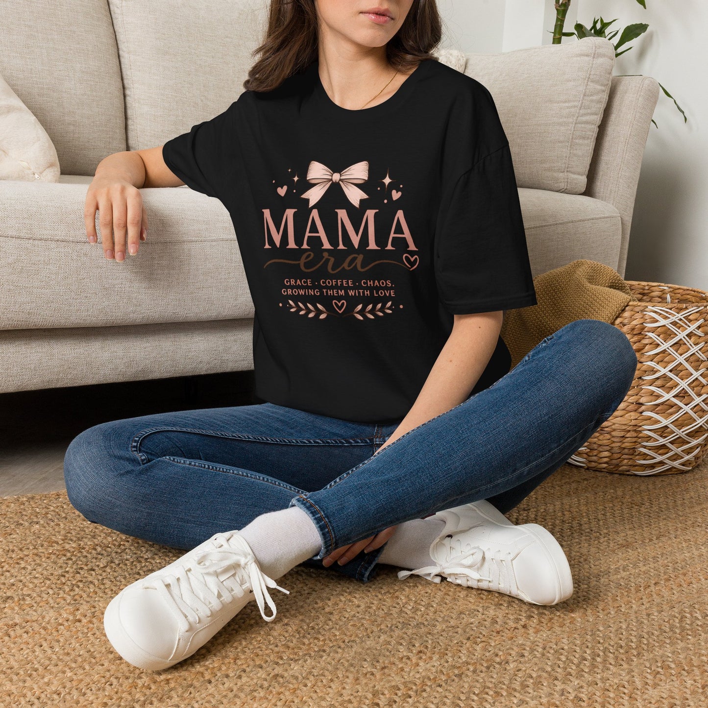 Mama Era T-Shirt — Pink Bow & Heart Graphic Tee for New Moms