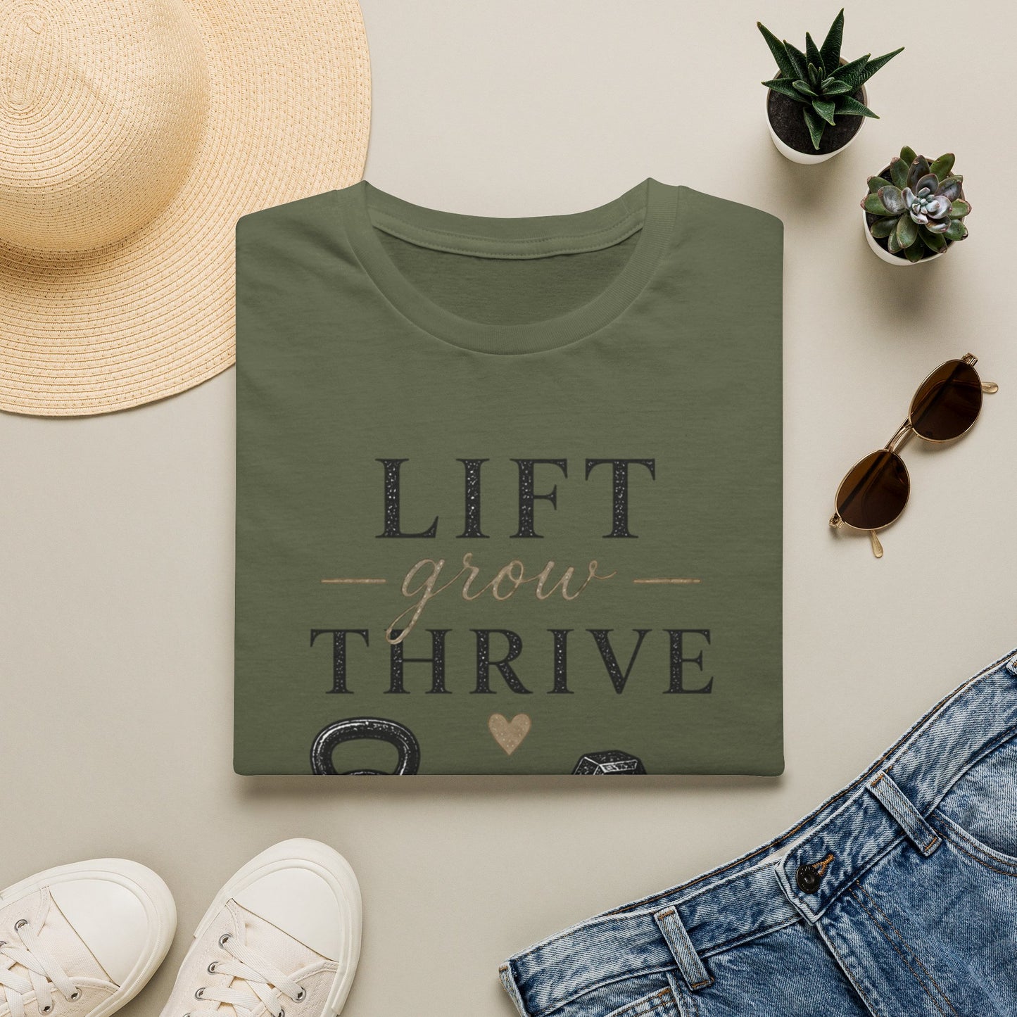Lift Grow Thrive Tee — Inspirational Fitness T-Shirt with Kettlebell & Weights Design