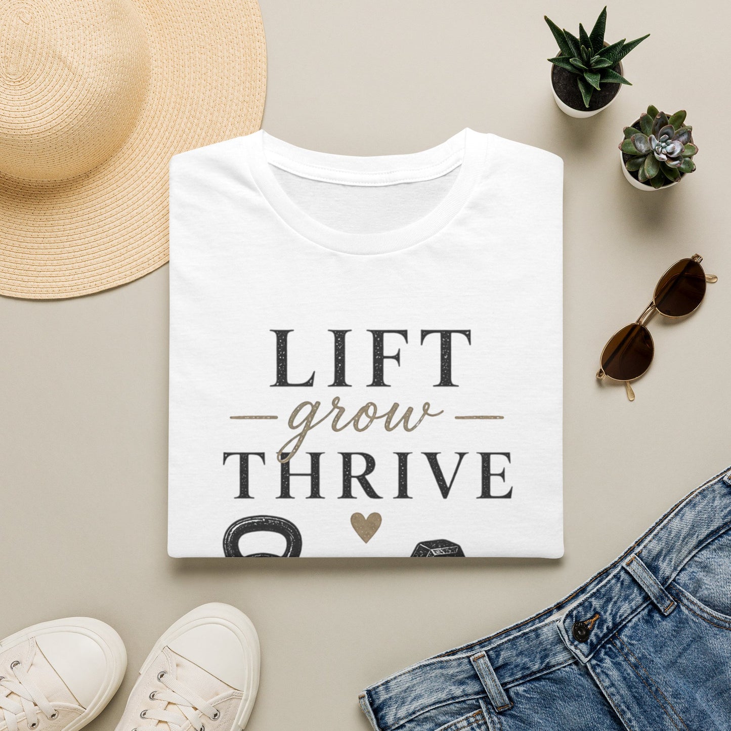 Lift Grow Thrive Tee — Inspirational Fitness T-Shirt with Kettlebell & Weights Design