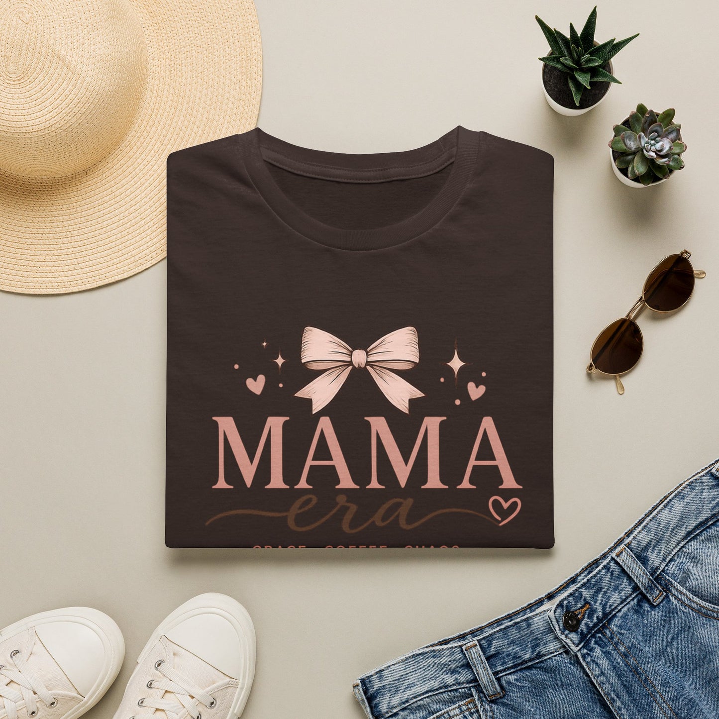 Mama Era T-Shirt — Pink Bow & Heart Graphic Tee for New Moms