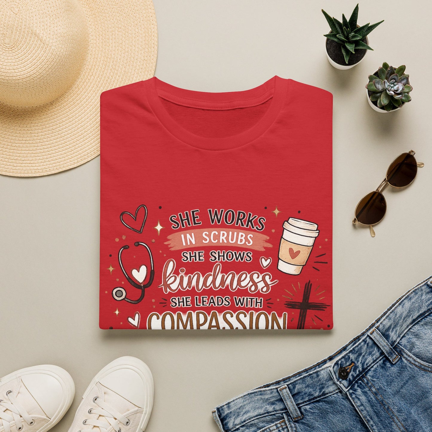 Nurse Faith T-Shirt – "She Works in Scrubs…Leads with Compassion" Inspirational Tee