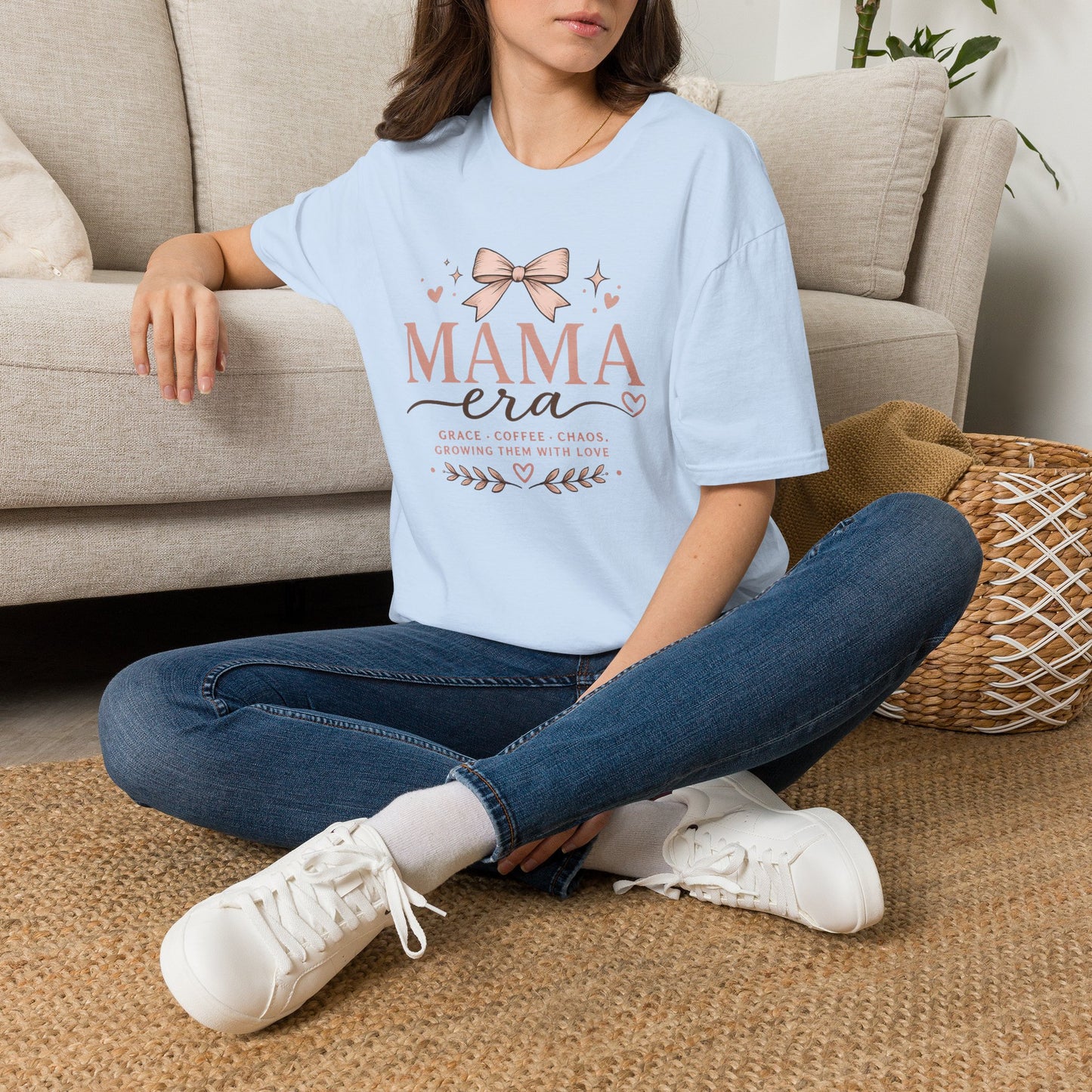 Mama Era T-Shirt — Pink Bow & Heart Graphic Tee for New Moms