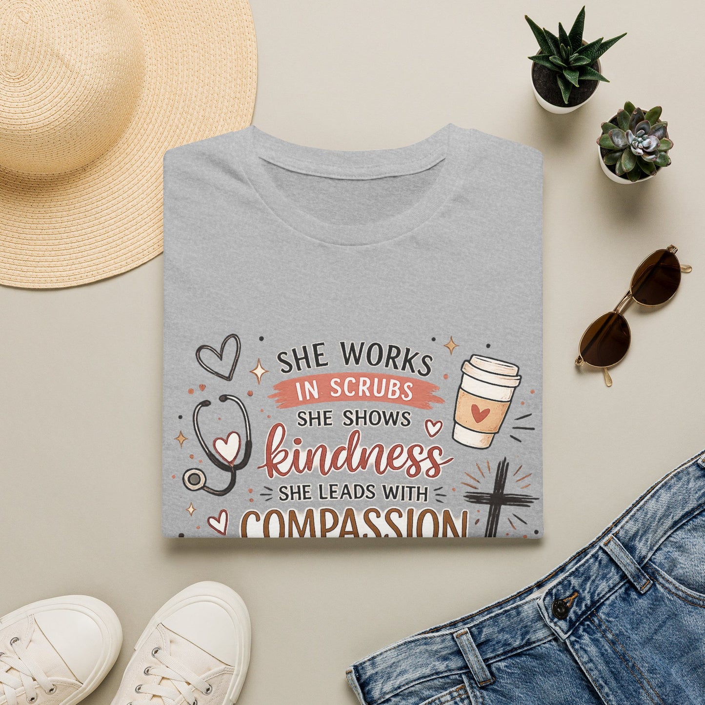 Nurse Faith T-Shirt – "She Works in Scrubs…Leads with Compassion" Inspirational Tee
