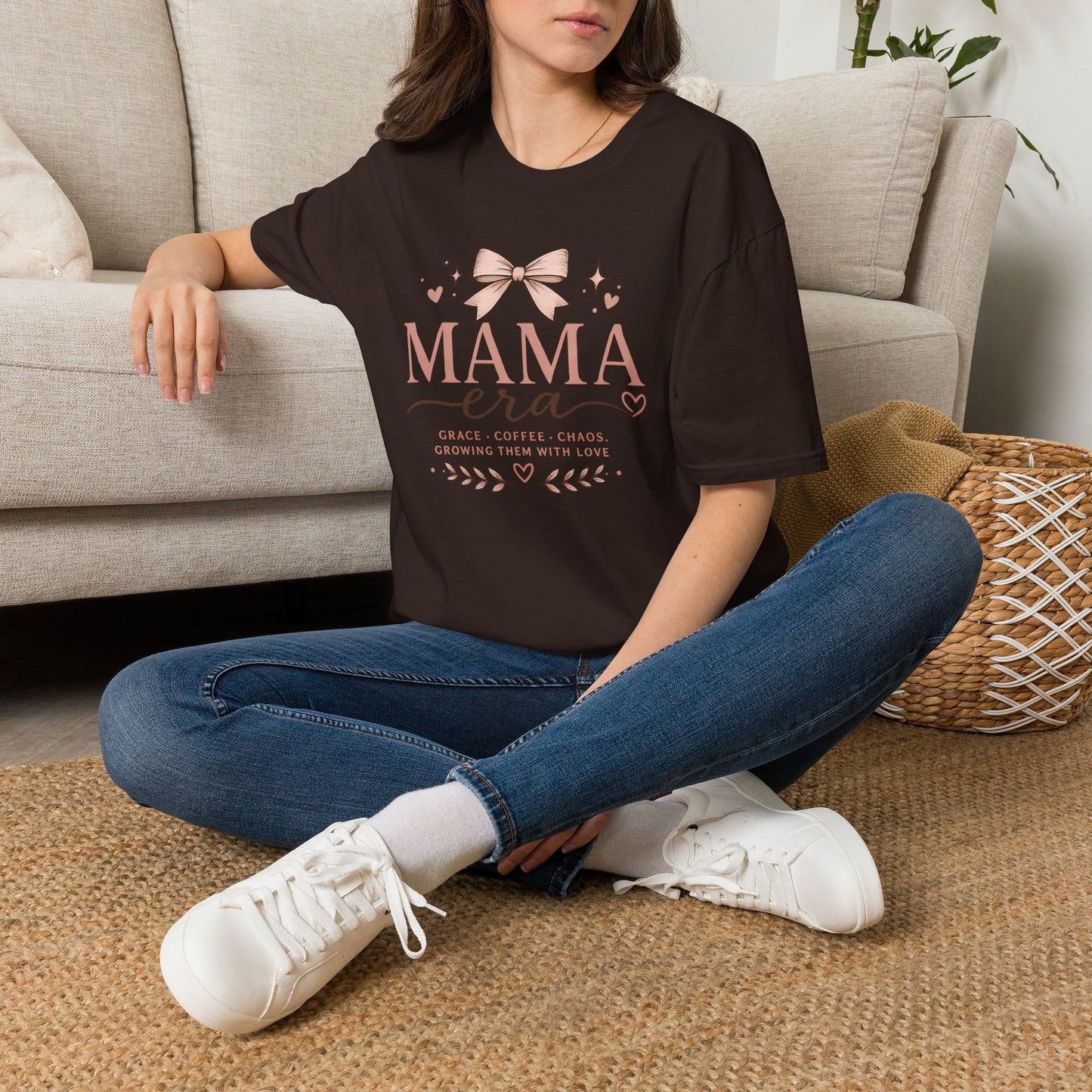 Mama Era T-Shirt — Pink Bow & Heart Graphic Tee for New Moms