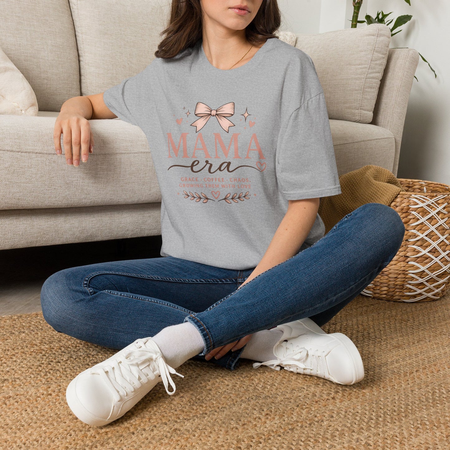 Mama Era T-Shirt — Pink Bow & Heart Graphic Tee for New Moms