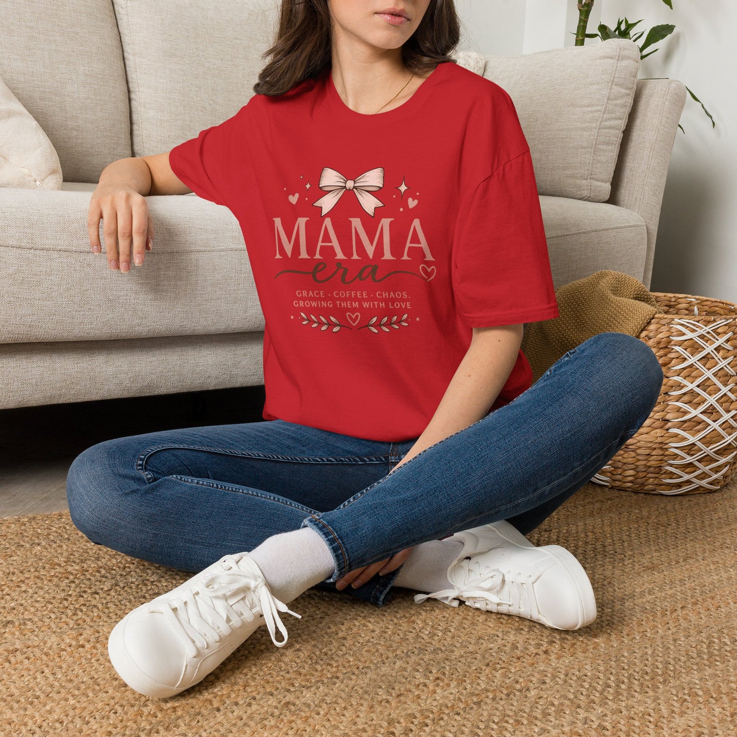 Mama Era T-Shirt — Pink Bow & Heart Graphic Tee for New Moms