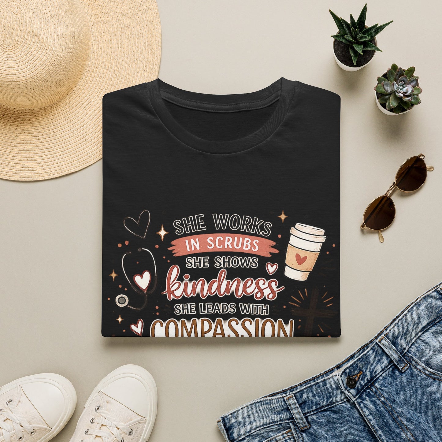 Nurse Faith T-Shirt – "She Works in Scrubs…Leads with Compassion" Inspirational Tee